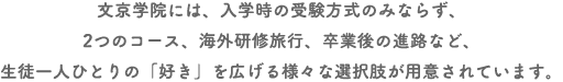 文京学院には、入学時の受験方式のみならず、2つのコース、海外研修旅行、卒業後の進路など、生徒一人ひとりの「好き」を広げる様々な選択肢が用意されています。